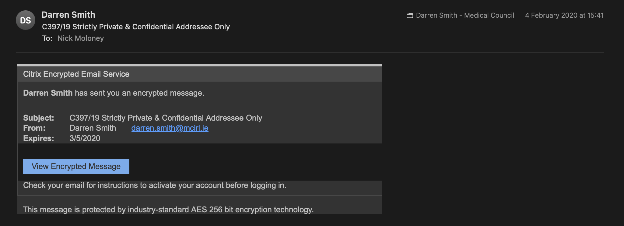 Preview of Encrypted Email Notification — Darren Smith — C397/19 Strictly Private & Confidential Addressee Only — 4 February 2020